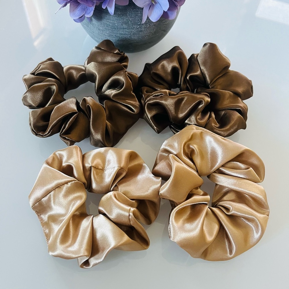 Elegant Satin Scrunchies Set - Brown and Tan